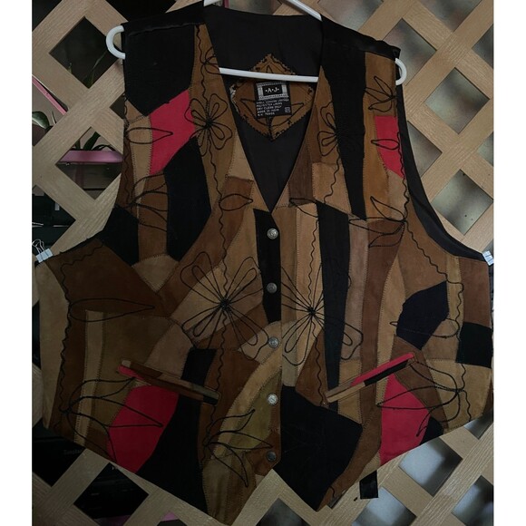 A.J. Vintage Embroidered Suede Leather Patchwork Vest 90's Hippie 2X - Picture 1 of 4